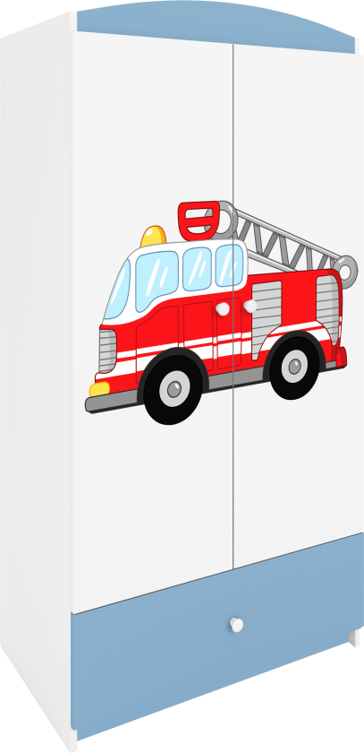 Babydreams garderobe for barn med brannbil, m. 2 dører, 1 skuff - hvit og blå laminat