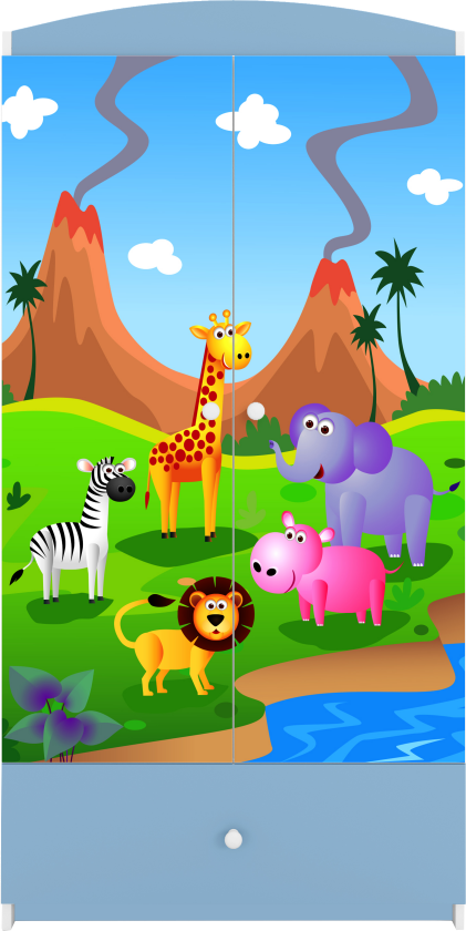 Babydreams garderobe for barn med safaridyr, m. 2 dører, 1 skuff - hvit og blå laminat