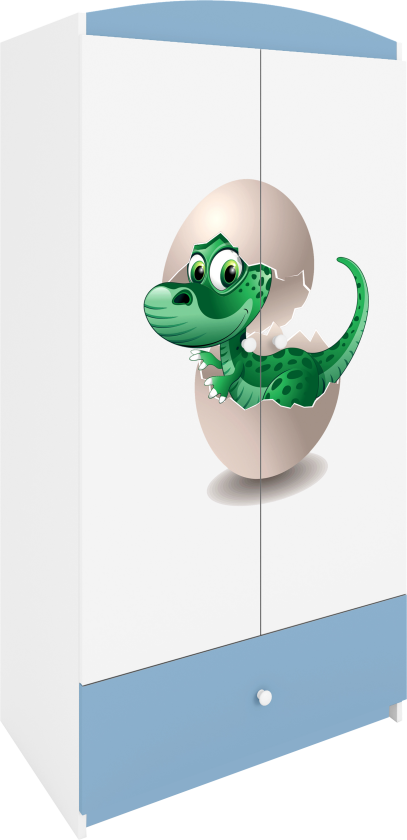 Babydreams garderobe for barn med liten dino, m. 2 dører, 1 skuff - hvit og blå laminat