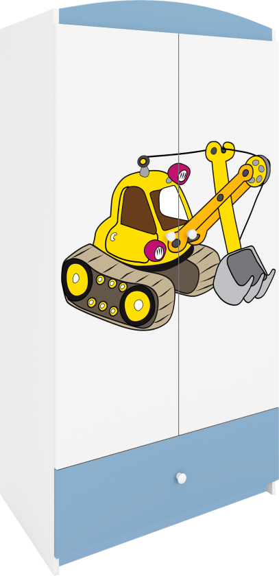 Babydreams garderobe for barn med gravemaskin, m. 2 dører, 1 skuff - hvit og blå laminat