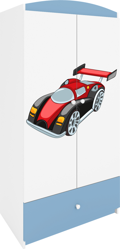 Babydreams garderobe for barn med racerbil, m. 2 dører, 1 skuff - hvit og blå laminat