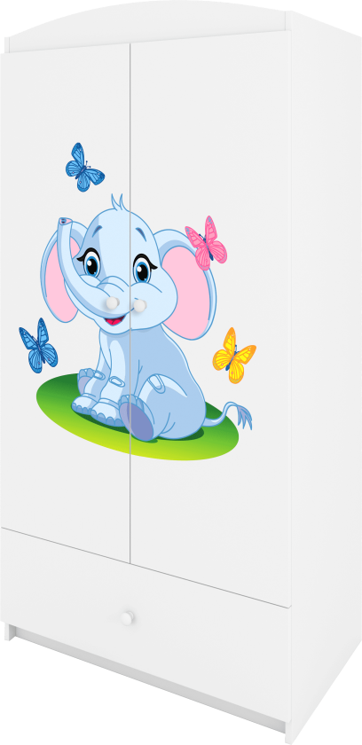 Babydreams garderobe for barn med elefant, m. 2 dører, 1 skuff - hvit laminat