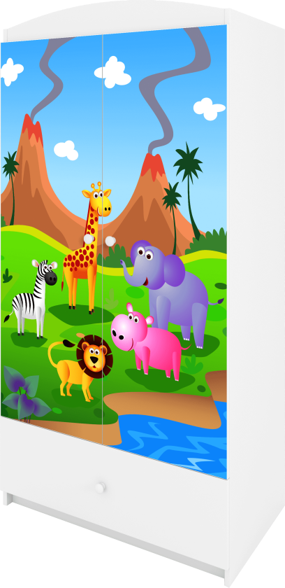 Babydreams garderobe for barn med safaridyr, m. 2 dører, 1 skuff - hvit laminat