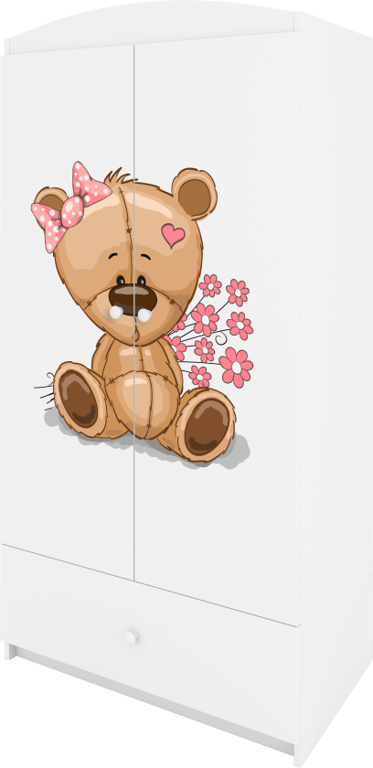 Babydreams garderobe for barn med bamse med blomster, m. 2 dører, 1 skuff - hvit laminat