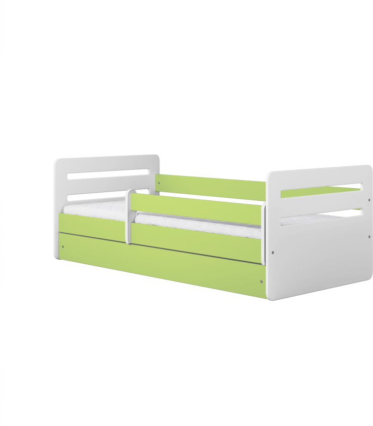 Tomi juniorseng, med madrass, sengehest, skuff - hvit og grønn sponplate og MDF (140x80)