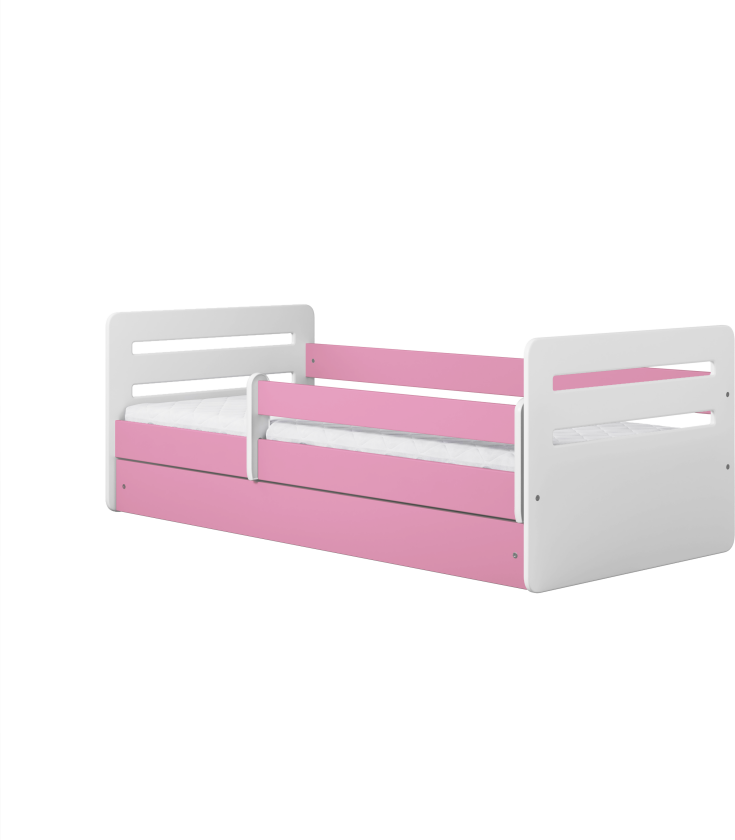 Tomi juniorseng, med madrass, sengehest, skuff - hvit og rosa sponplate og MDF (140x80)