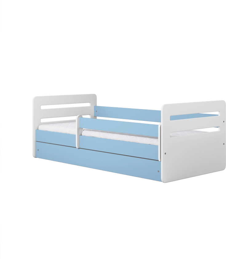 Tomi juniorseng, med madrass, sengehest, skuff - hvit og blå sponplate og MDF (140x80)