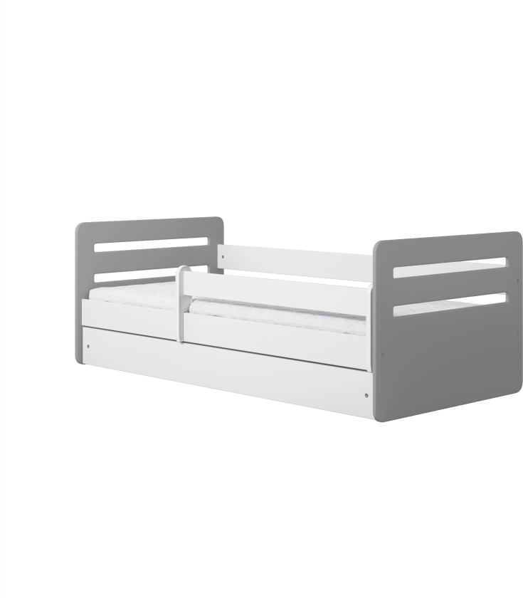 Tomi juniorseng, med madrass, sengehest, skuff - hvit og grå sponplater og MDF (160x80)