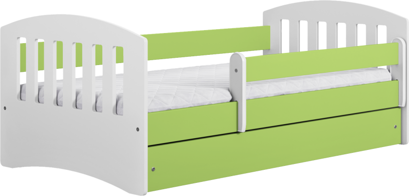 Klassisk 1 juniorseng, med madrass, sengehest, skuff - hvit og grønn laminat og MDF (140x80)