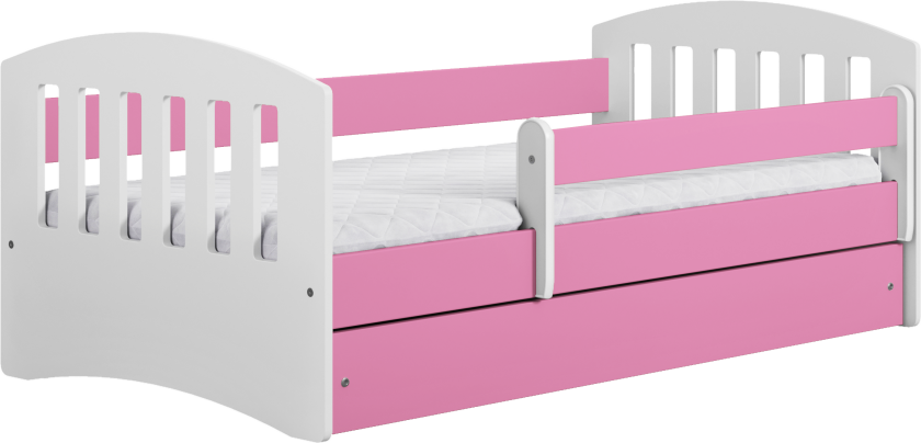 Klassisk 1 juniorseng, med madrass, sengehest, skuff - hvit og rosa laminat og MDF (140x80)