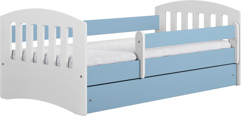 Klassisk 1 juniorseng, med madrass, sengehest, skuff - hvit og blå laminat og MDF (140x80)