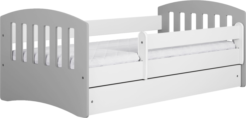 Klassisk 1 juniorseng, med madrass, sengehest, skuff - hvit og grå laminat og MDF (140x80)