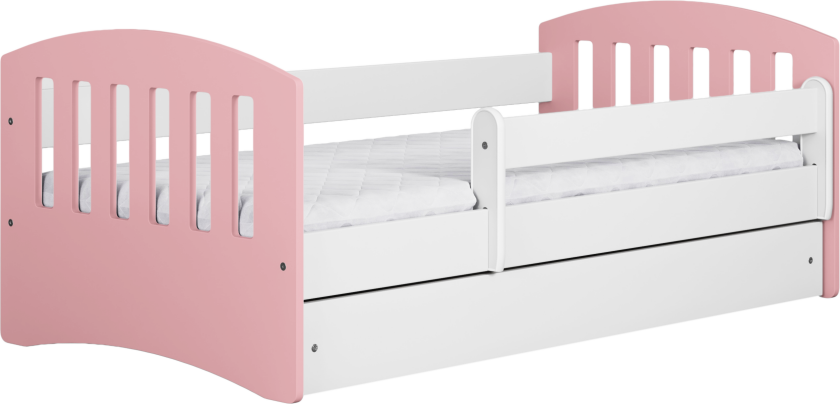 Klassisk 1 juniorseng, med madrass, sengehest, skuff - hvit og rosa laminat og MDF (160x80)
