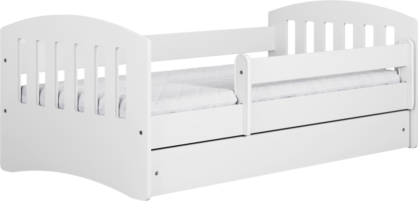 Klassisk 1 juniorseng, med madrass, sengehest, skuff - hvit laminat og MDF (140x80)