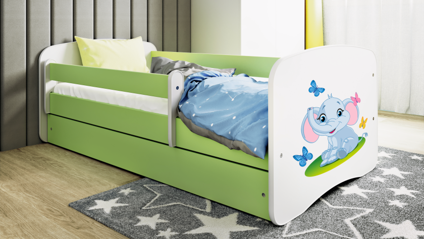 Babydreams juniorseng med elefant, m. madrass, sengehest, skuff - hvit/grønn laminat (180x80)