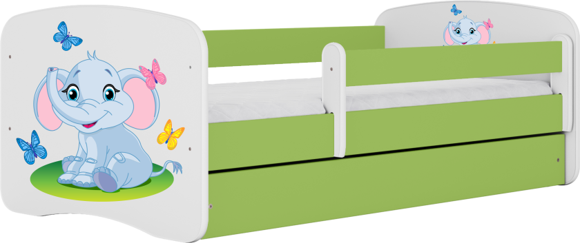 Babydreams juniorseng med elefant, m. madrass, sengehest, skuff - hvit/grønn laminat (160x80)
