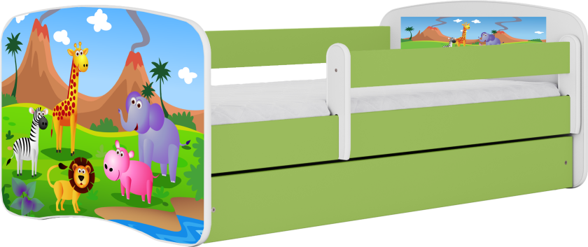 Babydreams juniorseng med safaridyr, med madrass, sengehest, skuff - hvit/grønn laminat (180x80)