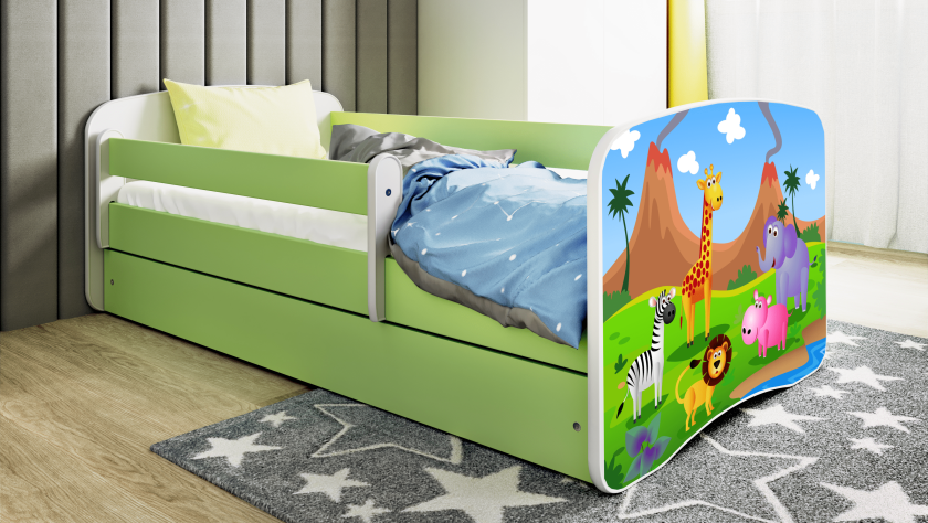 Babydreams juniorseng med safaridyr, med madrass, sengehest, skuff - hvit/grønn laminat (160x80)