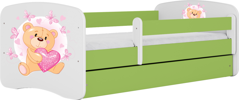 Babydreams juniorseng med bamse/sommerfugler, med madrass, sengehest, skuff - hvit/grønn laminat (180x80)