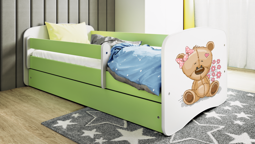 Babydreams juniorseng med bamse/blomster, med madrass, sengehest, skuff - hvit og grønn laminat (160x80)