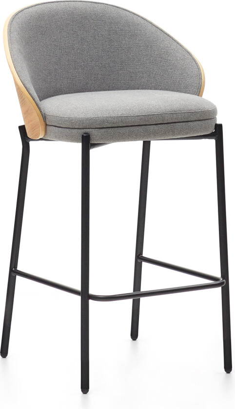 LAFORMA Eamy barstol, med ryggstøtte og fotstøtte - lys grå chenille, finér i naturlig ask og svart metall