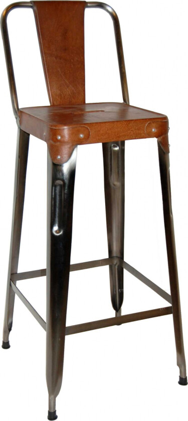 VAREMERKE LIVING barstol - ekte brunt skinn og skinnende jernramme