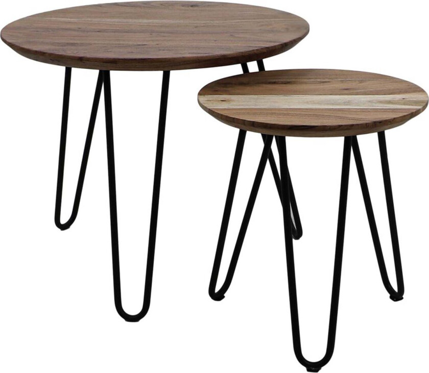 HSM COLLECTION Zurich sofabord, rundt - naturlig akasietre og svart jern (sett med 2)