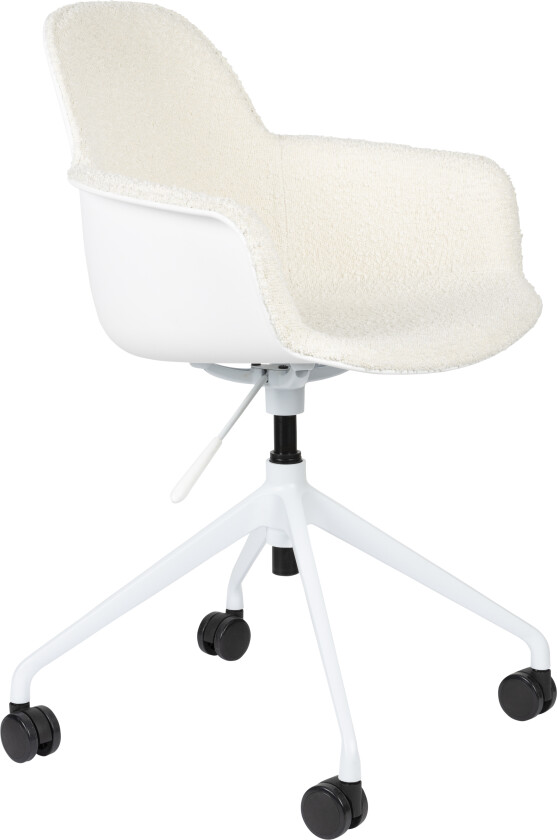 ZUIVER Albert Kuip kontorstol, med armlener og hjul - hvit polyester og hvit aluminium