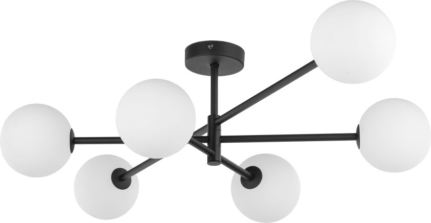 Sarius loftlampe, m. 6 skjermer - hvitt glass og sort metall