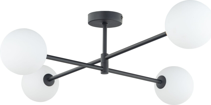 Sarius loftlampe, m. 4 skjermer - hvitt glass og sort metall