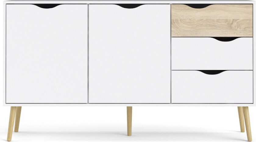 TWILUM Delta skjenk - hvit/eik struktur, m. 2 dører og 3 skuffer