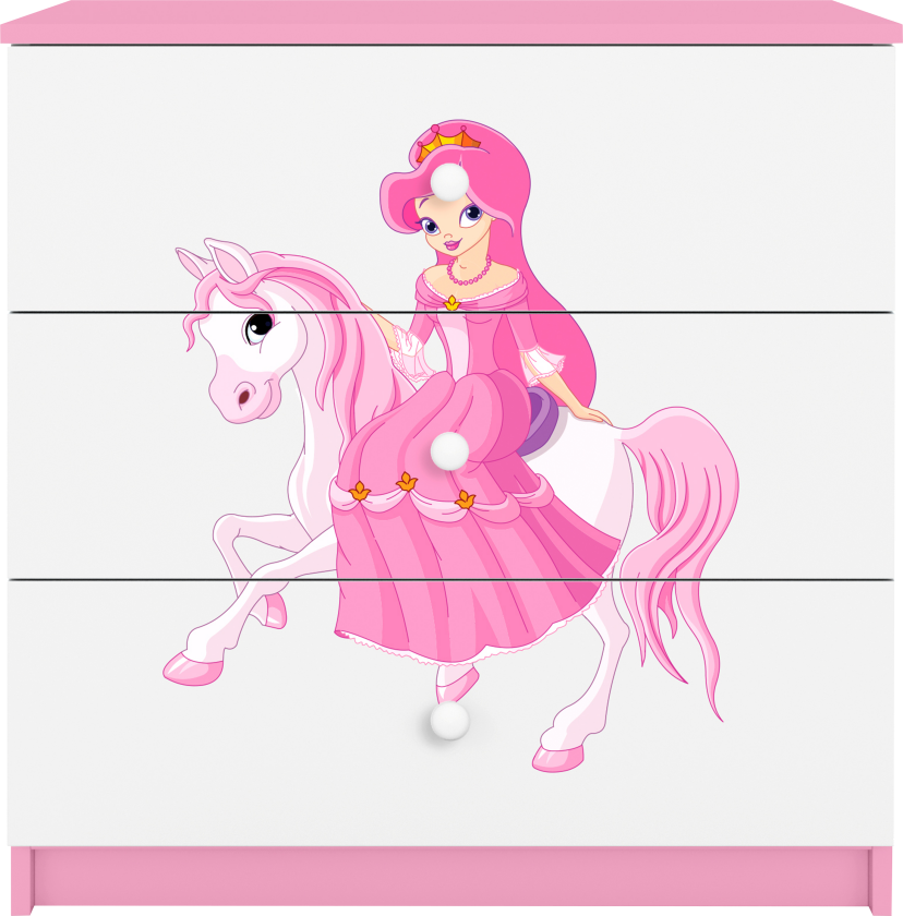 Babydreams barnekommode med prinsesse på hest, m. 3 skuffer - hvit og rosa laminat