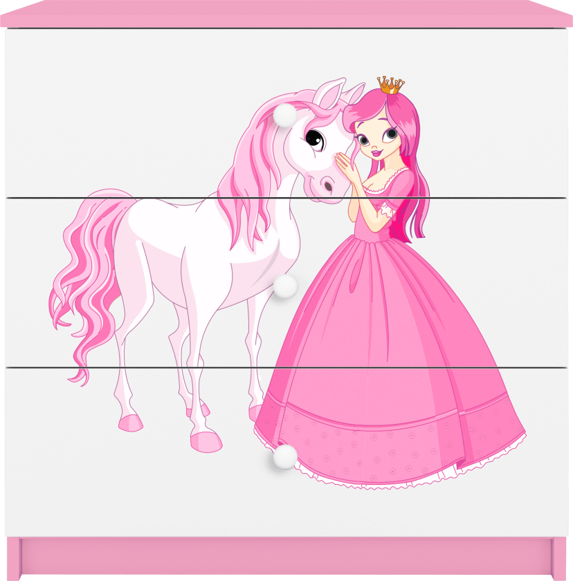 Babydreams barnekommode med prinsesse og hest, m. 3 skuffer - hvit og rosa laminat