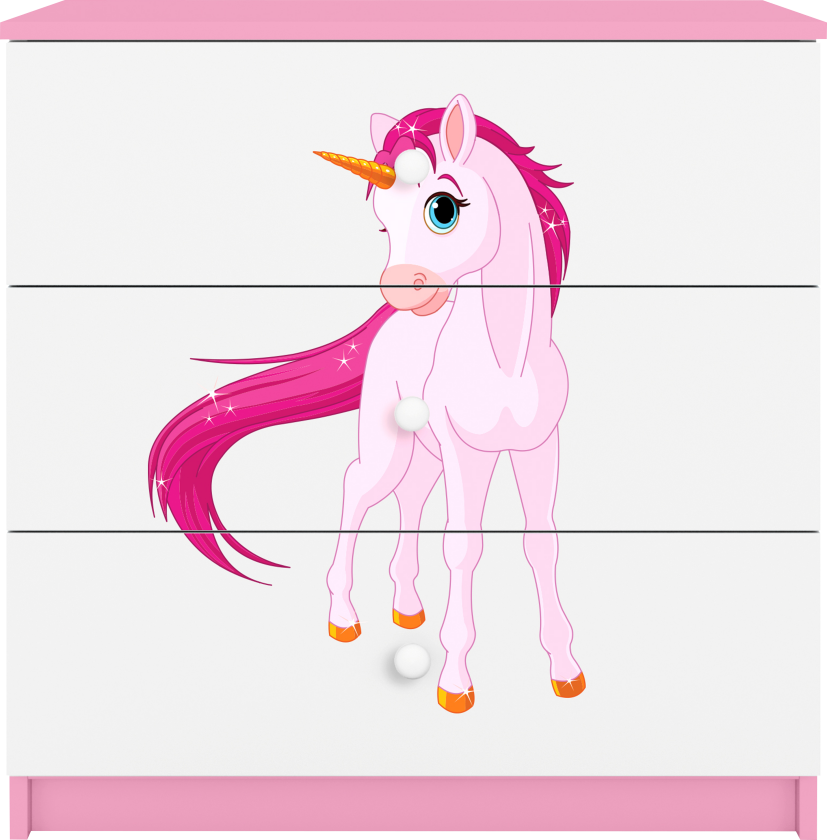 Babydreams barnekommode med enhjørning, m. 3 skuffer - hvit og rosa laminat