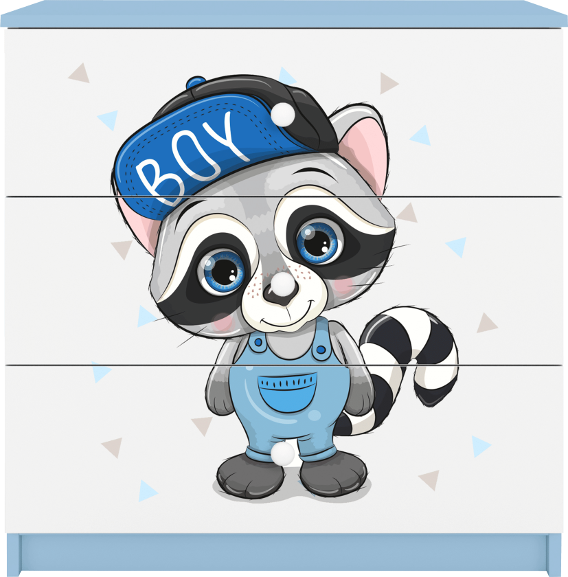 Babydreams barnekommode med vaskebjørn, m. 3 skuffer - hvit og blå laminat