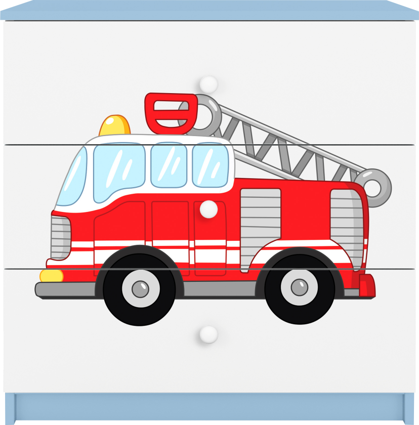 Babydreams barnekommode med brannbil, m. 3 skuffer - hvit og blå laminat