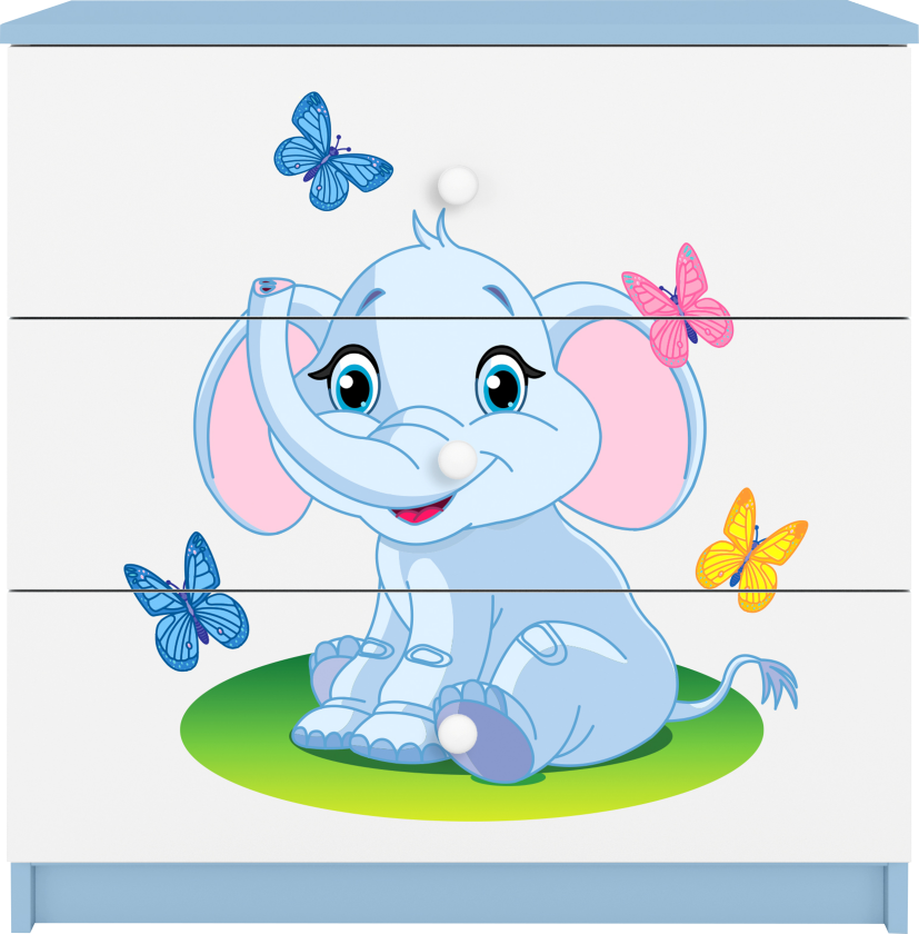 Babydreams barnekommode med elefant og sommerfugler, m. 3 skuffer - hvit og blå laminat