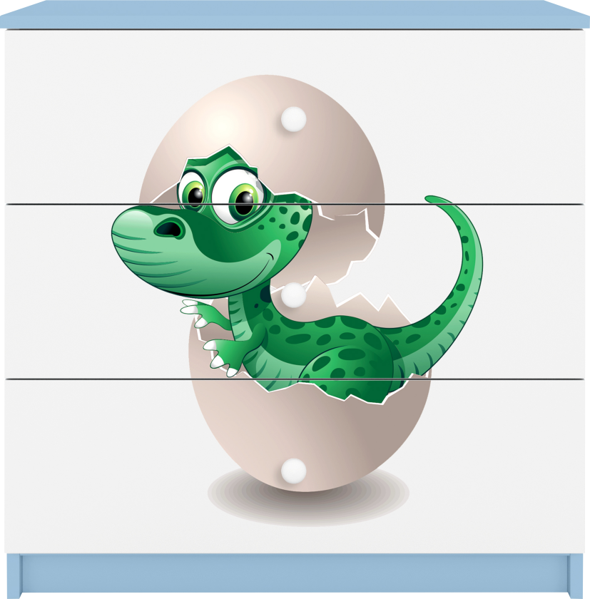 Babydreams barnekommode med liten dino, m. 3 skuffer - hvit og blå laminat