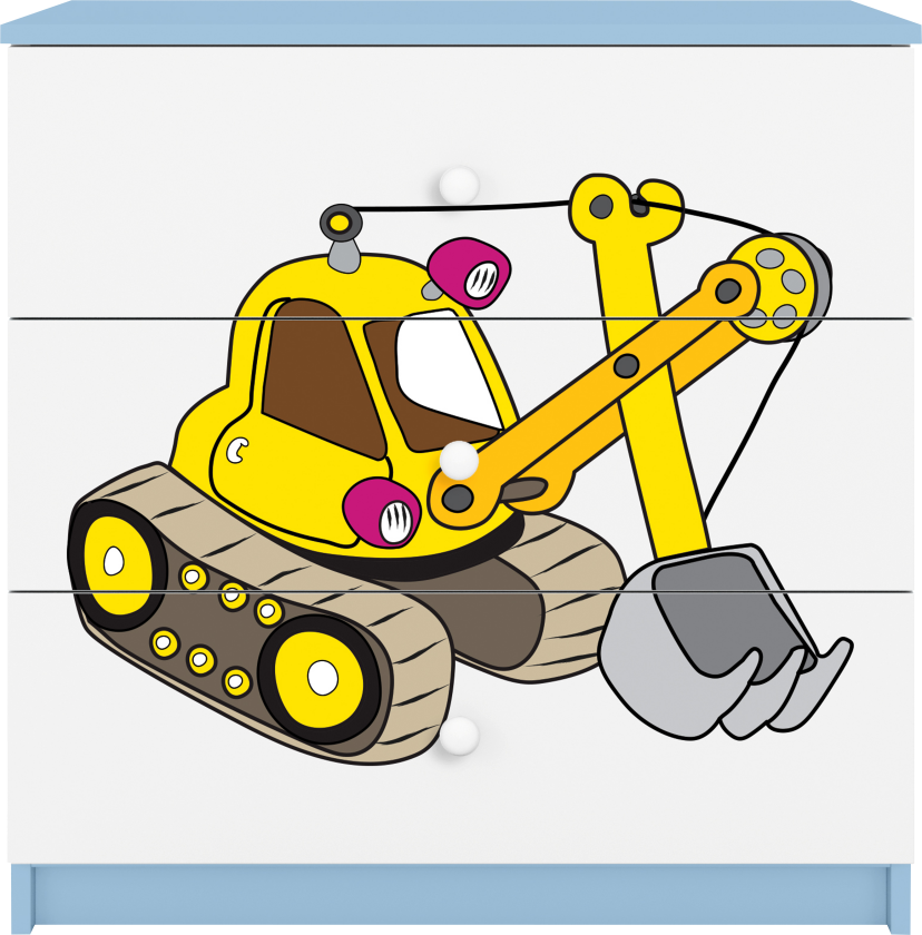 Babydreams barnekommode med gravemaskin, m. 3 skuffer - hvit og blå laminat