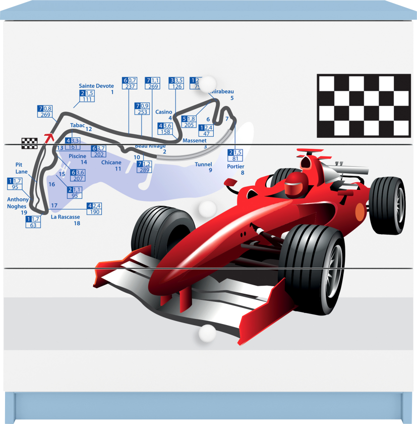 Babydreams barnekommode med racerbil, m. 3 skuffer - hvit og blå laminat