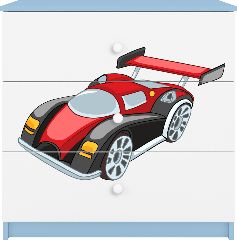 Babydreams barnekommode med racerbil, m. 3 skuffer - hvit og blå laminat