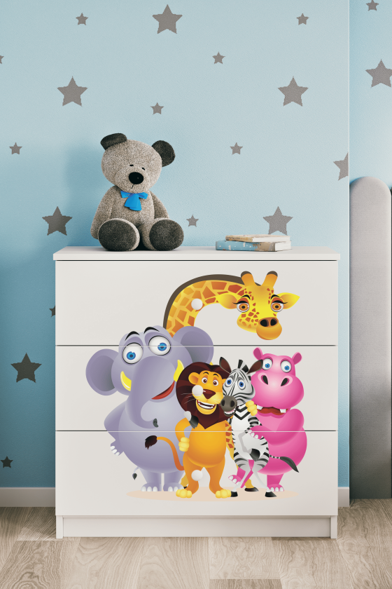 Babydreams barnekommode med dyrehagedyr, m. 3 skuffer - hvit laminat