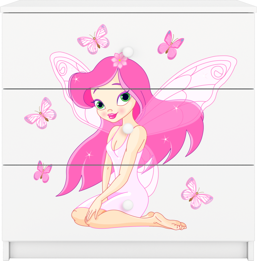 Babydreams barnekommode med fe og sommerfugler, m. 3 skuffer - hvit laminat