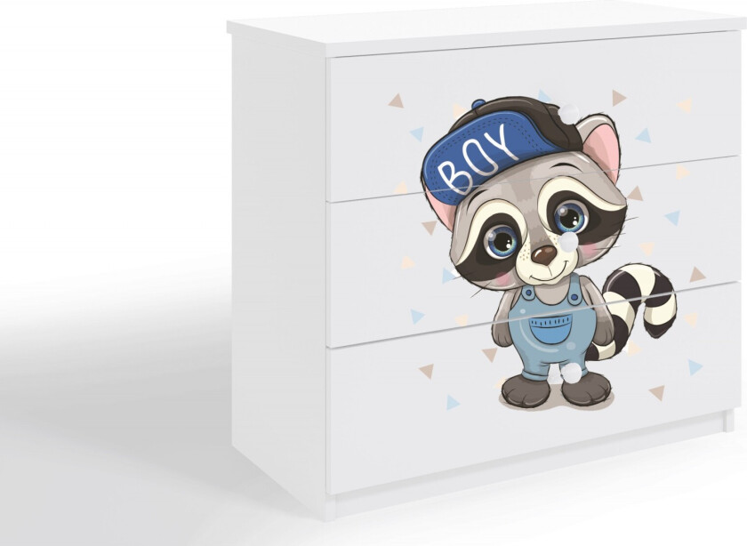 Babydreams barnekommode med vaskebjørn, m. 3 skuffer - hvit laminat