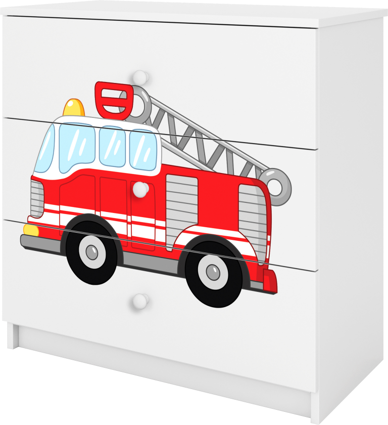 Babydreams barnekommode med brannbil, m. 3 skuffer - hvit laminat