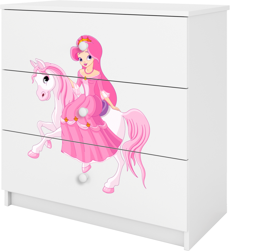 Babydreams barnekommode med prinsesse på hest, m. 3 skuffer - hvit laminat
