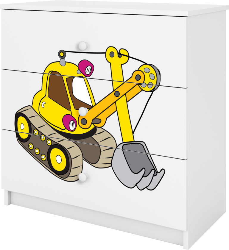 Babydreams barnekommode med gravemaskin, m. 3 skuffer - hvit laminat