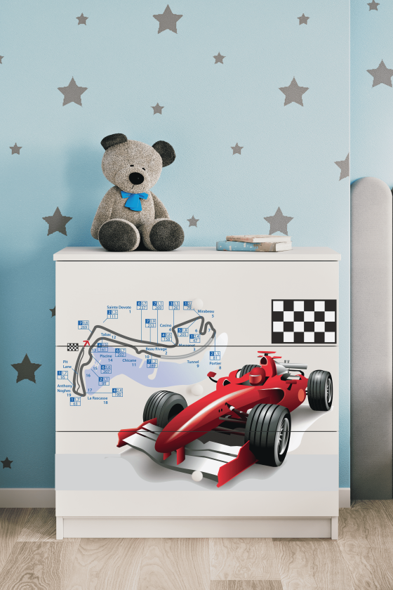 Babydreams barnekommode med racerbil, m. 3 skuffer - hvit laminat