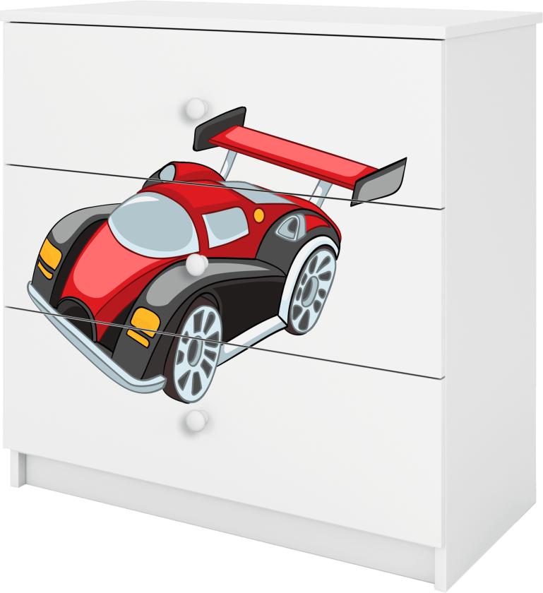 Babydreams barnekommode med racerbil, m. 3 skuffer - hvit laminat