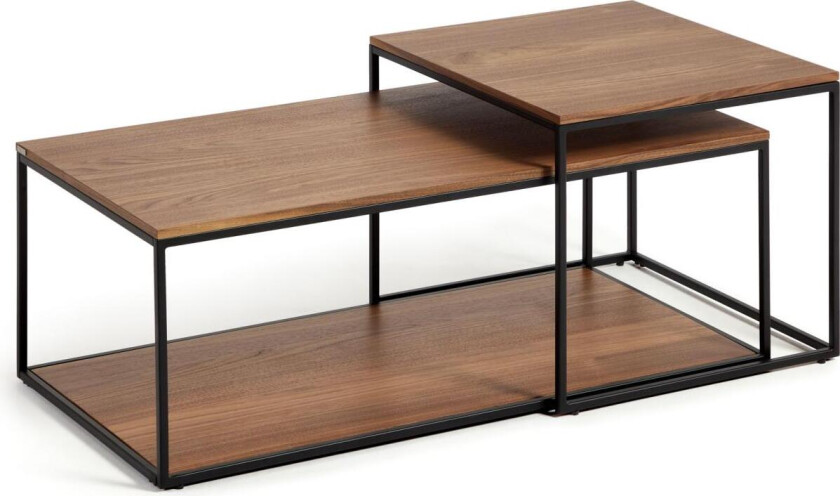 LAFORMA Yoana sofabord, m. 1 nederste hylle - brun valnøttfinish og svart jern (sett med 2)